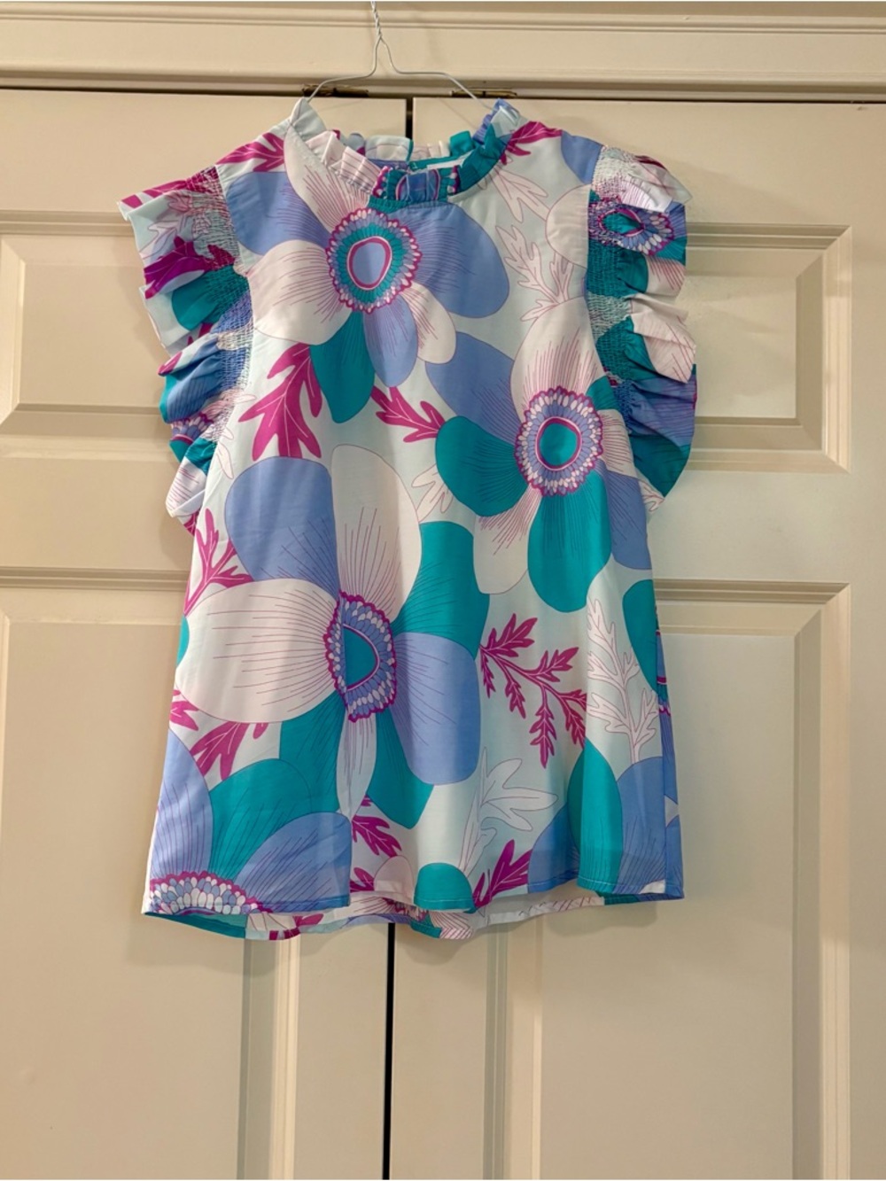 Floral Ruffle Sleeve Blouse in Teal, Lavender & Pink